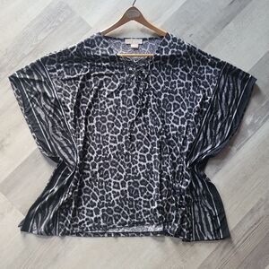 Michael Kors Leopard Print Lace Up Tunic Poncho Top Blouse Chain Detail EUC 2XL